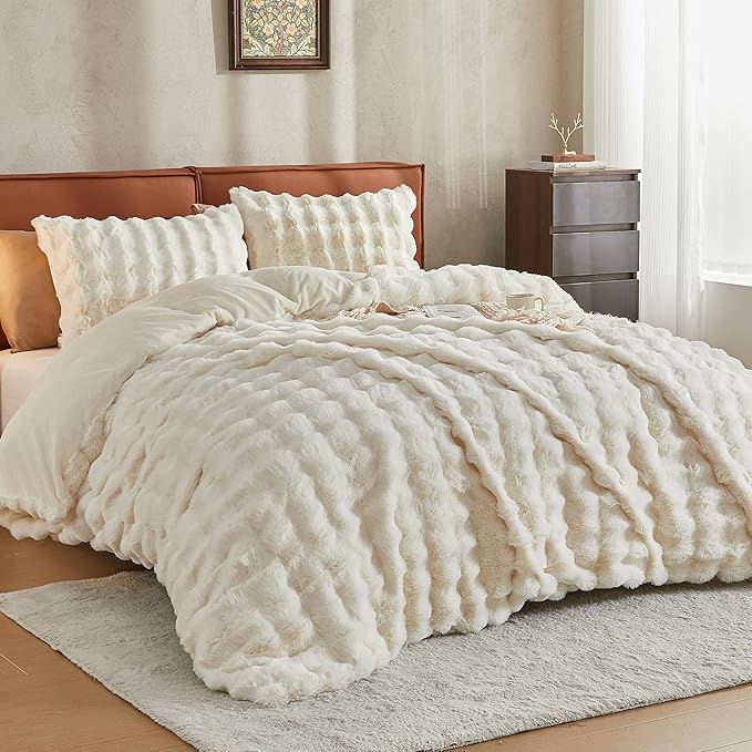 JELLYMONI Plush Duvet Cover Set - Twin Size Beige Faux Fur Comforter Cover 2pcs Bedding Set Luxury Ultra Soft Striped Fluffy Duvet Cover with Zipper and 1 Pillowcase (NO Comforter)