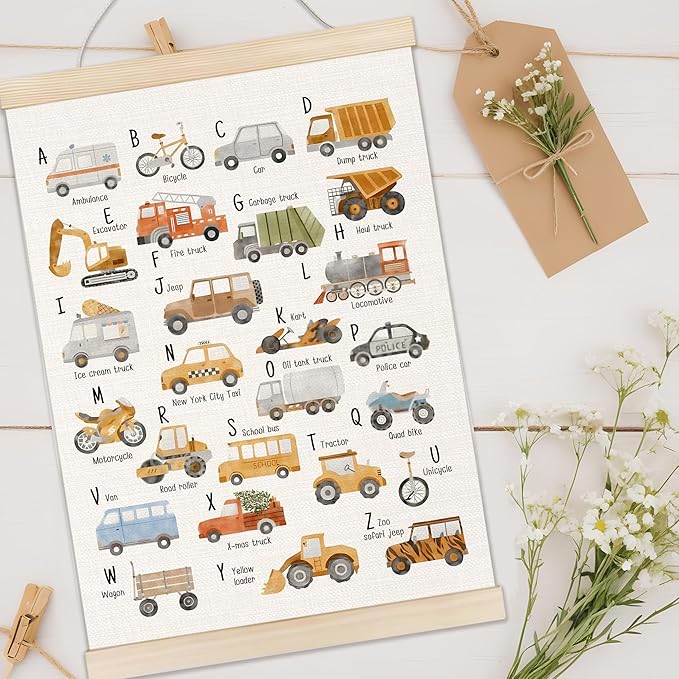 Welshower Transport Alphabet Nursery Poster Hanger Frame, Transport Alphabet Educational Wall Art Prints Decor for Classroom Toddler Kids Nursery Bedroom Playroom Framed, 12x16 Inch