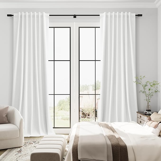 Guken Off White 100% Room Darkening Linen Curtains for Bedroom 108 Inches Long 2 Panels Linen Farmhouse Nature Back Tab Hook Belt Home Decor Privacy Drapes for Room Divider Sliding Door 52x108 9Ft
