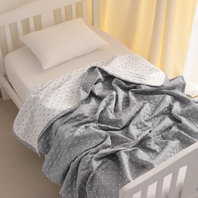 NTBAY 3 Layer Toddler Blanket, Muslin Cotton Jacquard Bed Blankets, Lightweight Thermal Baby Blanket, Super Soft and Warm Crib Blanket for All Seasons, Decoration Gift, 45"x60", Grey Dot