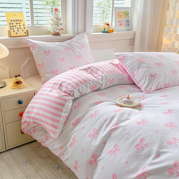 Heart Duvet Cover King Size Pink Bow Bedding Set Girls Kawaii Love Heart Printed Comforter Cover 3 Pieces Ultra Soft Washed Microfiber with Zipper Closure