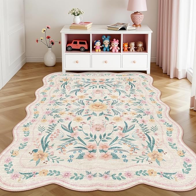 Pink Floral Rug 4X6 for Girls Bedroom or Nursery, Scalloped Cottagecore Washable Non-Slip Area Rug, Cute Soft Boho Carpet for Kids Room, Dorm, or Playroom