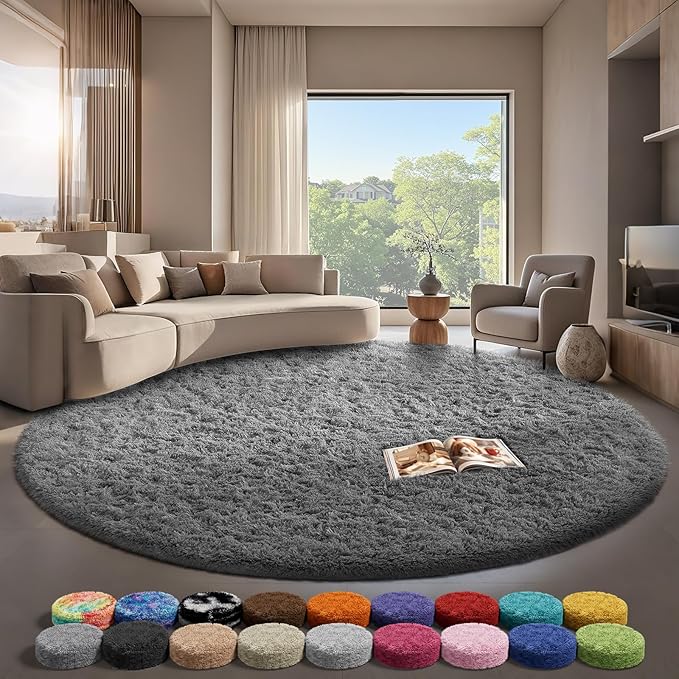 Ophanie Round Rugs 8Ft Grey Circle Area Rug, Fluffy Fuzzy Bedroom Carpet, Plush Soft Shaggy Indoor Floor Gray Living Room Rugs for Kids Home Decor Aesthetic, Nursery