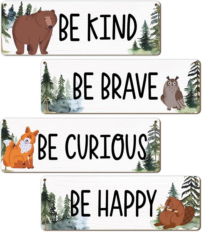 Woodland Nursery Decor, Jungle Safari Animals Boysroom Wall Sign Art, Inspirational Bedroom Decorations for Kids Boys, 4 Pieces Wood Sign, 3.9x11.8 In-A02