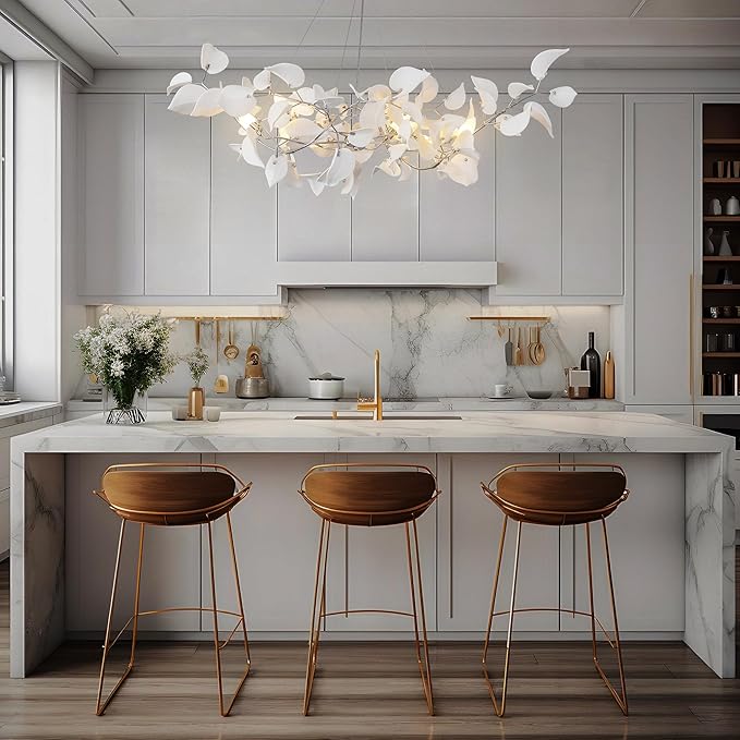 YUYI 47" Ceramic Branch Chandelier, Silver Rectangular Hearted Leaf Chandeliers for Dining Room, Living Room, Kitchen, Foyer, Bedroom, Elegant Art Deco Chandelier Light Fixture