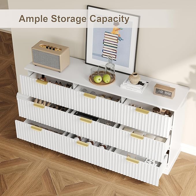 Fluted Dresser with 9 Drawers for Bedroom, 63" Wide Dresser with Metal Handle, Wooden Chest of Drawers for Bedroom, Living Room, Entryway, White