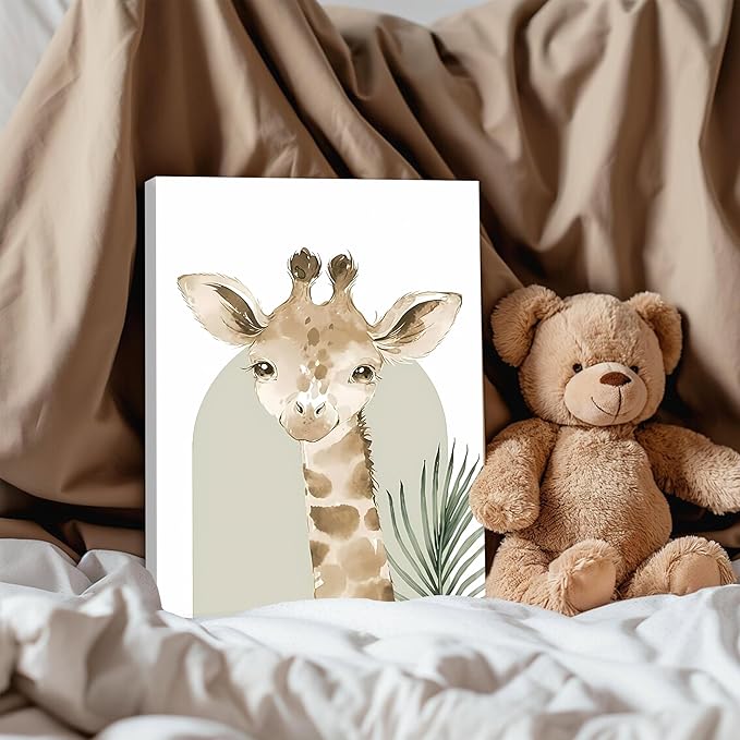 Nursery Wall Decor Set of 3, Cute Animal Lion Elephant Baby Pictures Poster Prints, Giraffe Jungle Canvas Wall Art Woodland Nursery Decor for Boys Girls Room Decoration 16x24 inch Framed