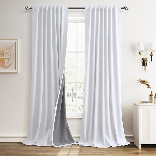 100% Blackout Curtains 100 Inch Length 2 Panels Set linen blend Textured for Bedroom Beige White Back Tab Hook Belt Room Darkening Farmhouse Thermal Insulated Soundproof Curtain for Living Room 52x100