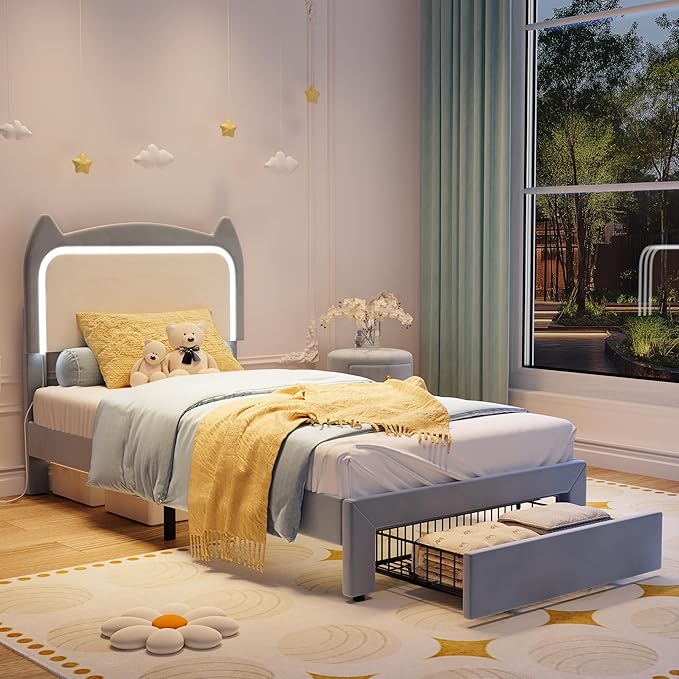 Garvee Twin Upholstered LED Bed Frame with Storage Drawer & Cute Cat Headboard, Velvet Princess Platform Bed Frame with Sturdy Wood Slats Support for Girls/Kids, No Box Spring Needed, Blue