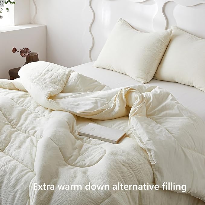 Simple&Opulence 100% Cotton Muslin Comforter Set Twin Size, 2PCS Washed Cotton Gauze Comforter, Soft Lightweight All Seasons Bedding Sets with 1 Pillow Sham(Cream,Twin)
