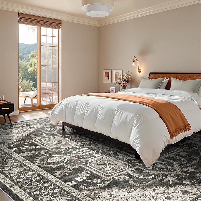 WITSHOCK Black 10x12 Large Living Room Rugs: Washable Modern Vintage Boho Soft Low Pile Stain Resistant Foldable Carpet for Bedroom Playroom Dining Room Office, Distressed Farmhouse Floral Home Decor