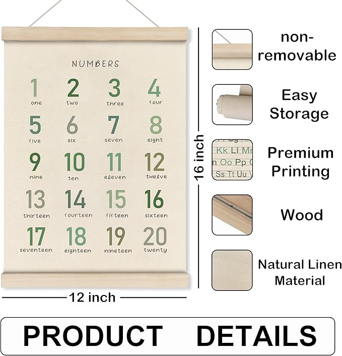 HRQKO Alphabet Numbers Poster Hanger Frame Set of 2, Nursery Wall Decor, Boho ABC Poster Wall Art with Wooden Frames, Sage Green Alphabet Banner Wall Hanging Decor for Toddler Playroom, 12x16 Inch