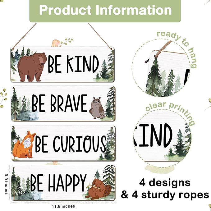 Woodland Nursery Decor, Jungle Safari Animals Boysroom Wall Sign Art, Inspirational Bedroom Decorations for Kids Boys, 4 Pieces Wood Sign, 3.9x11.8 In-A02