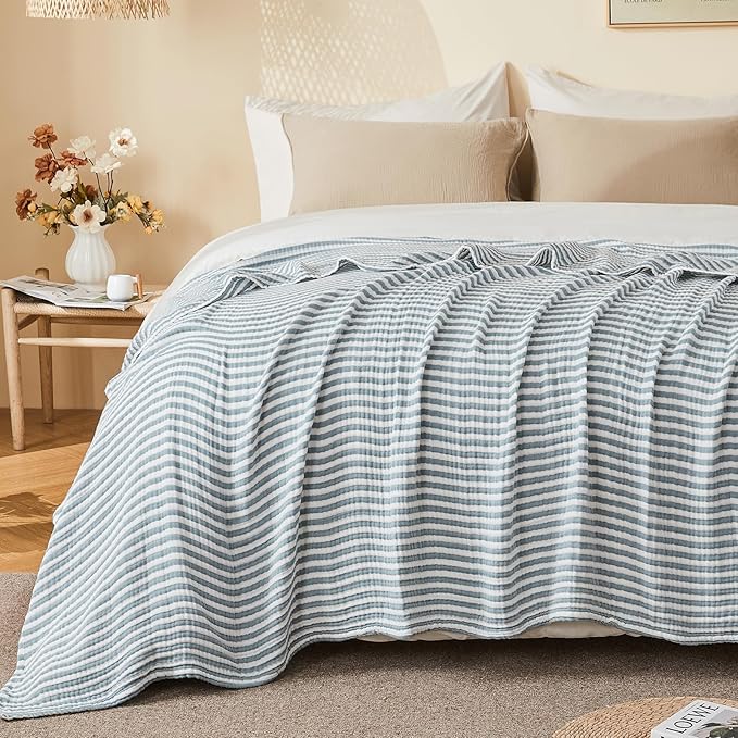 EMME Cotton Muslin Large Throw Blanket Couch Breathable Gauze Soft Lightweight Bed Blankets Adults (Striped Teal, 50"x70")