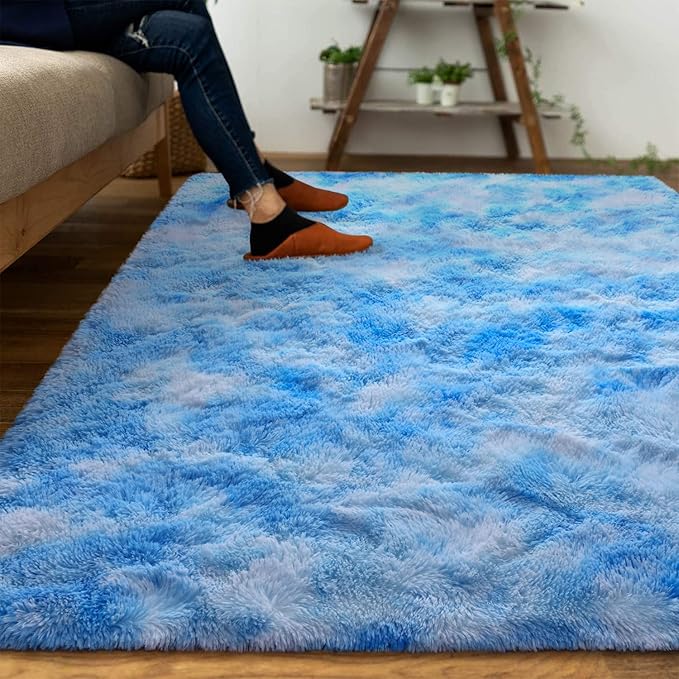 DweIke Fluffy Blue Shag Rugs for Bedroom Living Room, 5x8 Large Soft Plush Tie-Dyed Light SkyBlue Girls Boys Kids Rug, Upgraded Non-Slip and Machine Washable Carpet for Dorm Nursery Classroom Decor