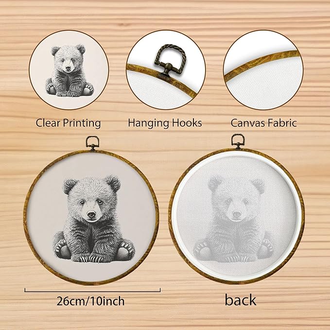 Hiuwevt Vintage Bear Round Wall Art Decor, Cottagecore Neutral Bear Framed Canvas Prints, Retro Forest Wild Animal Round Wall Hanging Decor for Home Nursery Kids Bedroom Decorations, 10x10 Inches
