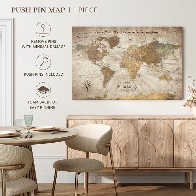 ElephantStock - Personalized Be The Navigator I Push Pin World Map Wall Art - Horizontal Canvas Wall Art - Living Room Wall Decor - Digital Art Map Canvas Art - Brown And Beige Decor - 24" x 16"