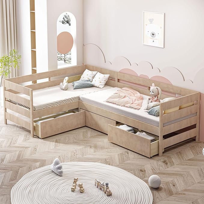 Twin Size L-Shaped Platform Bed for 2, Wood Kids Platform Bed Frame with 3 Storage Drawers and Guardrail for Boys Girls, Sturdy Slats Support (Natural-2.28)