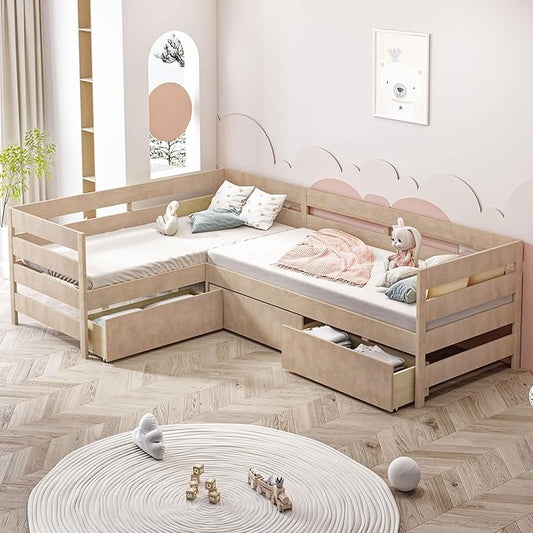 Twin Size L-Shaped Platform Bed for 2, Wood Kids Platform Bed Frame with 3 Storage Drawers and Guardrail for Boys Girls, Sturdy Slats Support (Natural-2.28)