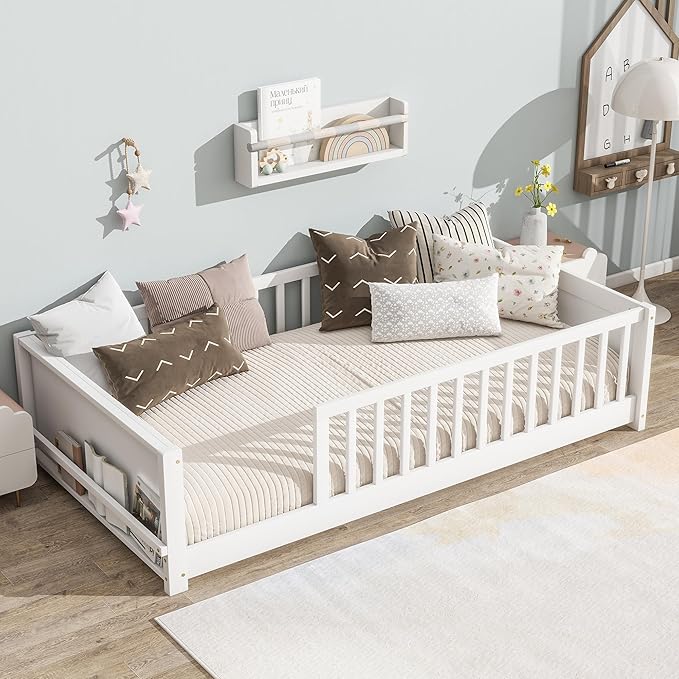 Twin Size Kids Montessori Floor Bed,Twin Floor Bed Frame with Slats and Bookcase,Solid Wood Montessori Bed for Girls Boys,White