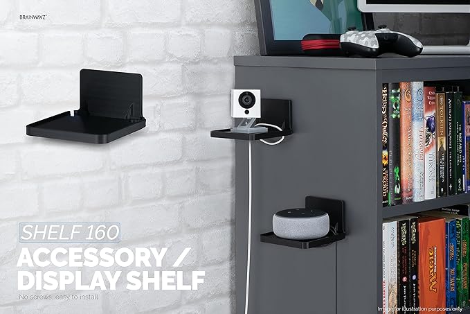 BRAINWAVZ Drill Free Wall Mount Shelf for Security Cameras, Baby Monitors, Speakers & More, Universal Holder, Strong Adheasive, Easy to Install, No Mess, Screwless (Black)