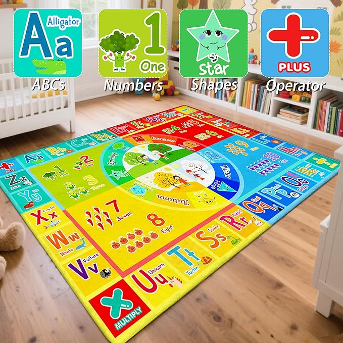 Kids Rug for Classroom & Playroom - ABC Alphabet Educational Area Rug with Animals Numbers & Colors - Non-Slip Carpet Playmat for Nursery Preschool Elementary 6x9 Feet