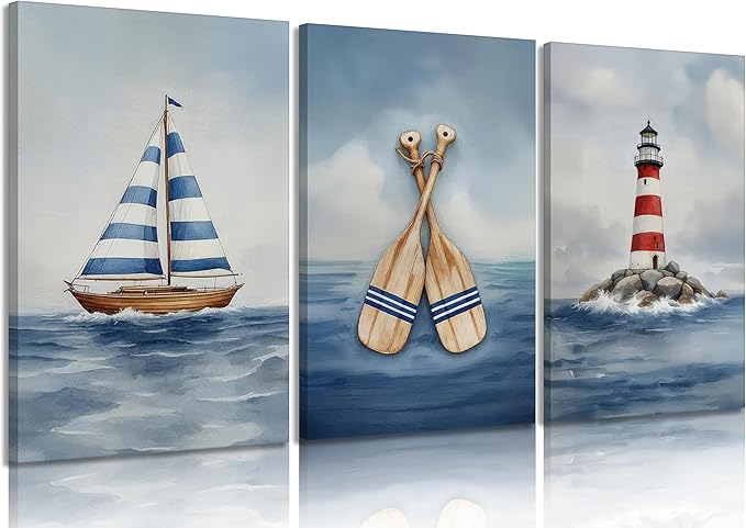 Blue Nautical Nursery Wall Art Vintage Sailboat Lighthouse Pictures Wall Decor Boy Coastal Posters Navy Sea Ocean Canvas Print Artwork for Kids Boys Room Playroom Bedroom Decor, Framed