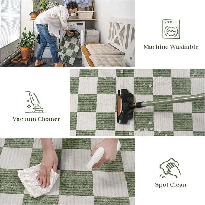 LIVEBOX 10x14 Area Rugs for Living Room, Checkered Non-Slip Washable Rugs, Farmhouse Neutral Classic Geometric Pattern Large Boys Area Rug for Bedroom, Carpet for Dining Room Office (Green,10'x14')