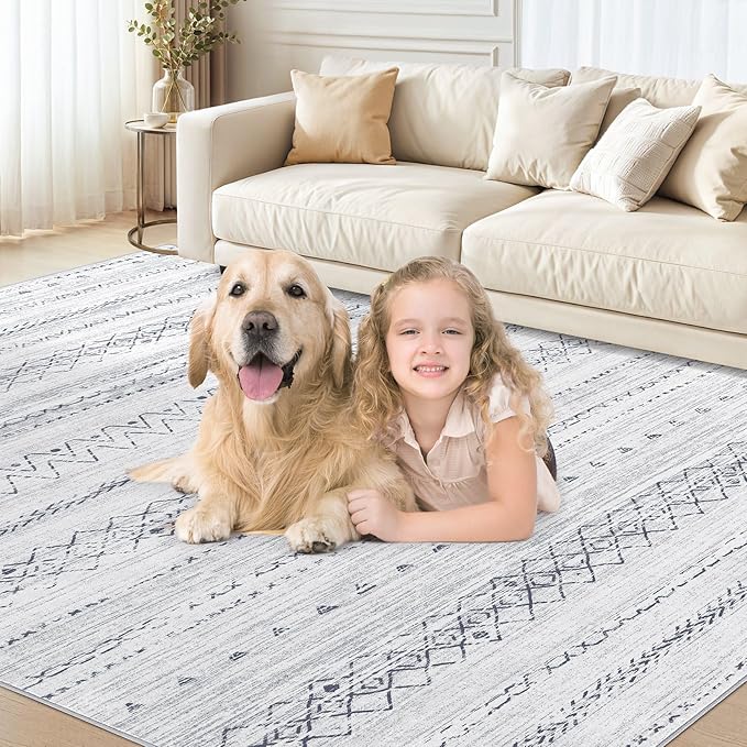 Area Rugs for Living Room Washable Living Room Rug Soft Neutral Indoor Floor Carpet Non-Slip Stain Resistant Modern Boho Rugs for Bedroom Dining Room Kids Room Nursery Office Home Grey
