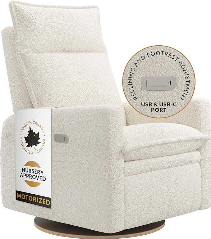 Arya Modern Nursery Chair Glider Recliner with 180° Swivel - Cozy Motorized Reclining Nursing Chair with USB Ports, Gentle Motion, Ergonomic Design, Canadian-Made (Sand/Puppy Fabric)