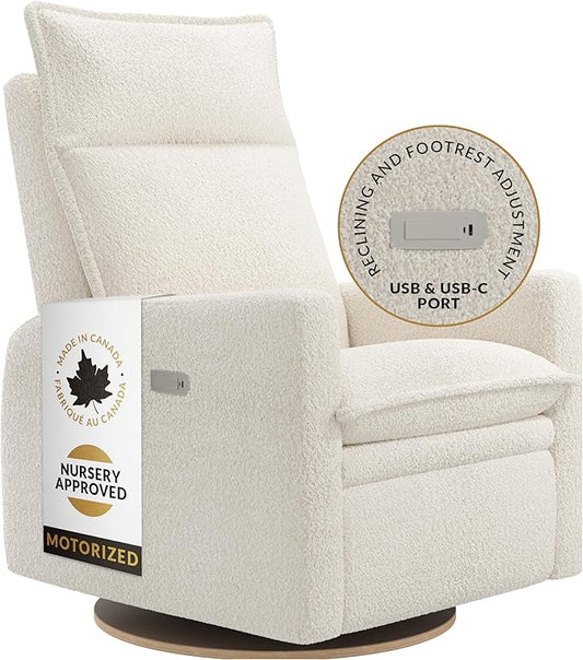 Arya Modern Nursery Chair Glider Recliner with 180° Swivel - Cozy Motorized Reclining Nursing Chair with USB Ports, Gentle Motion, Ergonomic Design, Canadian-Made (Sand/Puppy Fabric)