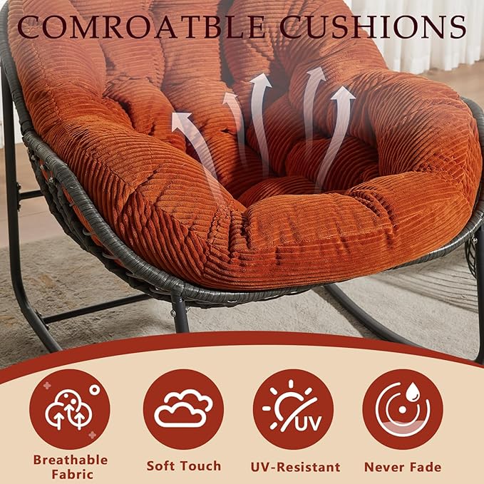 Oversized Outdoor Papasan Rocking Chair with Soft Cushion, Comfy Patio Egg Chair, Wicker Lounge Rocker for Balcony/Porch/Garden, Reinforced All Weather Rattan Frame, 330 lbs Support, Burnt Orange