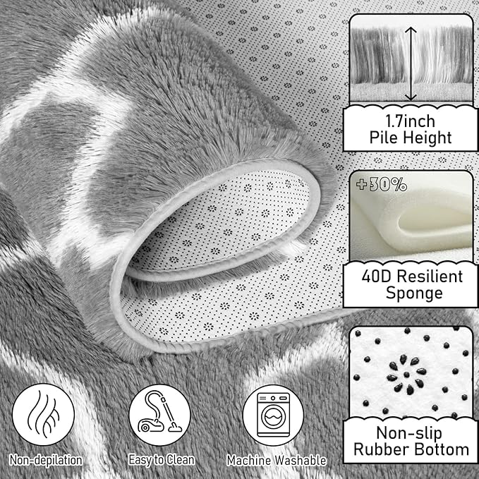 EVOIONOS Ultra Soft Area Rug for Bedroom, 4x6 Grey and White Geometric Pattern Washable Fluffy Shag Rug for Living Room, Plush Non Slip Carpet for Indoor Floor Nursery Kids Dorm Home Decor Aesthetic