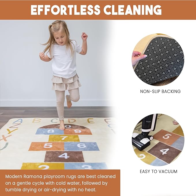 Kids Playroom Rug – Washable Hopscotch Alphabet & Numbers Carpet | Large 4.6' x 6.5' Non-Slip Toddler Play Mat | Educational ABC Area Rug for Classroom, Nursery & Neutral Home Décor
