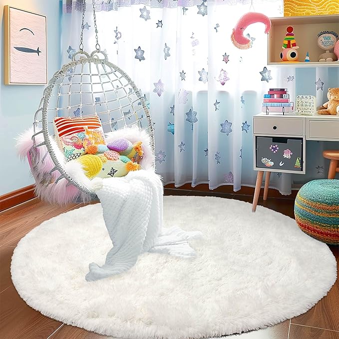 Round Fluffy Cream Rug - 4FT Super Soft Circle Shaggy Plush Fuzzy Furry Carpet for Kids & Nursery