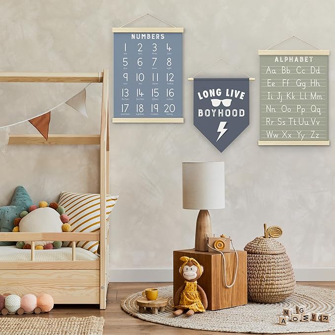 BONETAT Numbers alphabet poster for Nursery Toddlers, Play Room Wall Decor, ABC Wall Chart, Wall Hanging Decor for Toddler Playroom Decor Kids Wall Decor, Wooden Frame Alphabet Banner-A05