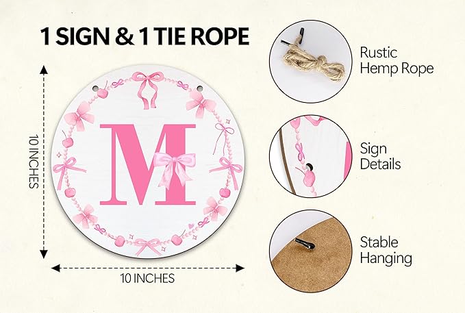Monogram Round Sign For Front Door, Cherry Bow Theme Sign For Porch Art Wall Door, Initial Signs Hanging Ornament For Indoor Outdoor, Decorations Gifts For Four Seasons Rustic Home Kitchen, M, A13