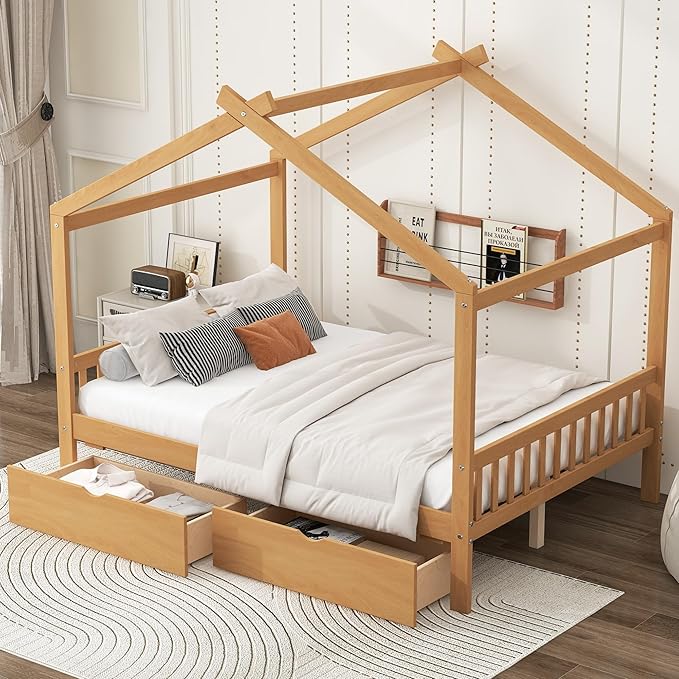 Harper & Bright Designs Full Size House Bed Frame for Kids, Wood Playhouse Platform Bed Frame with Two Drawers and Fence, Roof Design, Natural