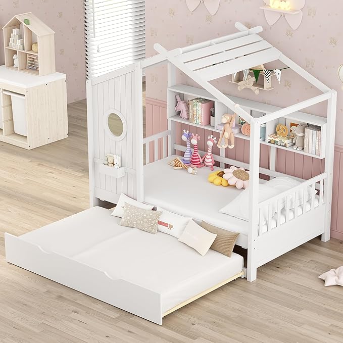 Bellemave Twin Size House Bed with Trundle for Kids,Twin Kids Bed Frame with Storage Shelves,Solid Wood House Bed Frame for Girls,Boys,Can be Decorated,White