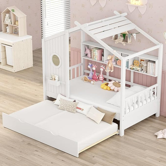 Bellemave Twin Size House Bed with Trundle for Kids,Twin Kids Bed Frame with Storage Shelves,Solid Wood House Bed Frame for Girls,Boys,Can be Decorated,White
