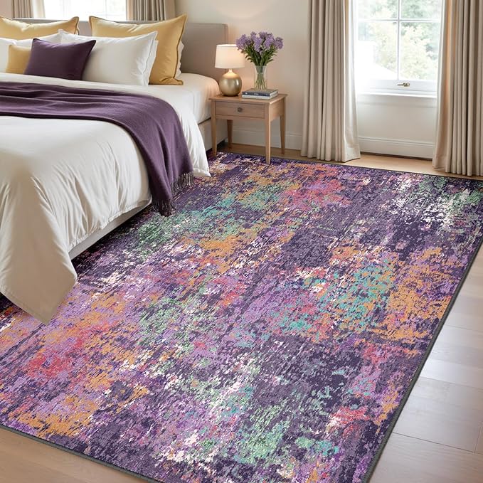 Washable Area Rugs 4'x6' Non-Slip Modern Abstract Soft for Living Room Entryway Bedroom Nursery, Print Pattern, Purple Orange Blue Green Rust Red Colorful