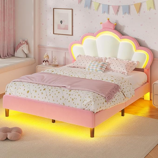 BTHFST Full Size Bed Frame with LED Lights, Girls Full Bed with Princess Crown, LED Velvet Upholstered Platform Bed Frame with Adjustable Headboard, No Box Spring Needed, Pink