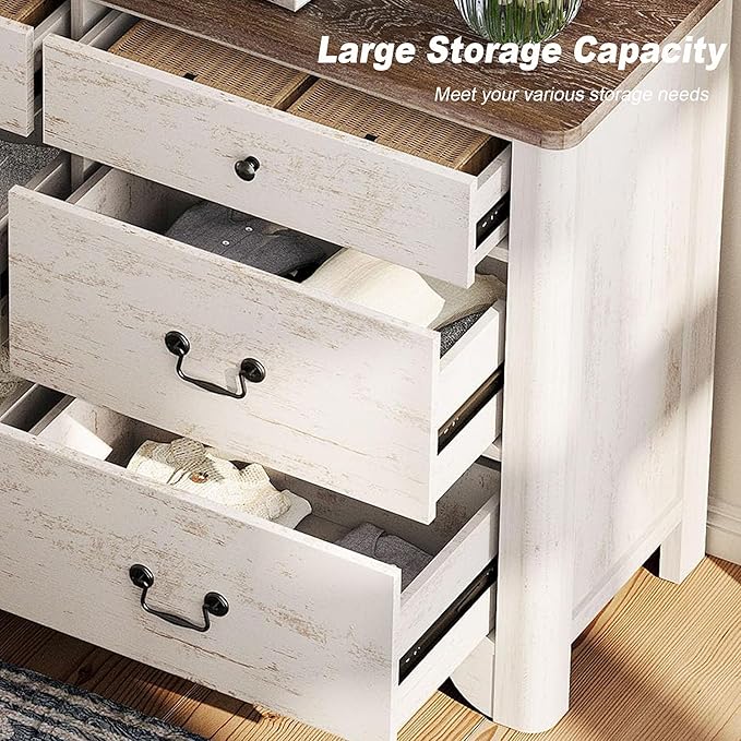WAMPAT Baby Dresser with 6 Drawers for Bedroom, 47.2“ Wide Farmhouse Dresser with Large Drawers for Bedroom, Living Room, Hallway, White