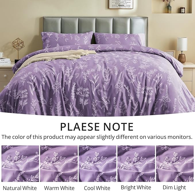 MUXHOMO Duvet Cover King Size, Reversible Floral Grayish Purple Duvet Cover Set with Zipper Closure, 3 Pieces Botanical Patterns Soft Microfiber Bedding Set with 4 Ties (90"x104", 2 Pillow Cases)