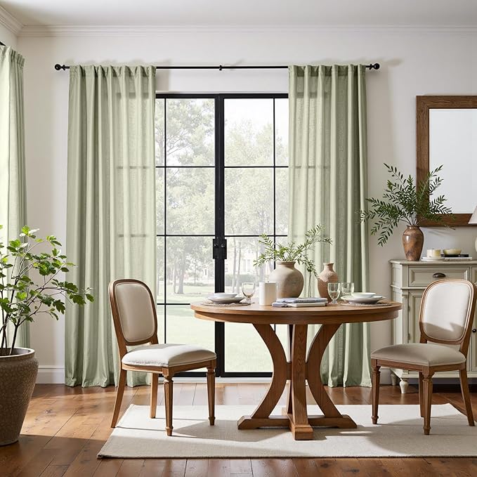 jinchan Linen Blend Curtains 90 inch Length 2 Panels for Bedroom Living Room, Light Filtering 50 inch Wide Farmhouse Drapes with Rod Pocket Back Tab(50W x 90L, Light Green)
