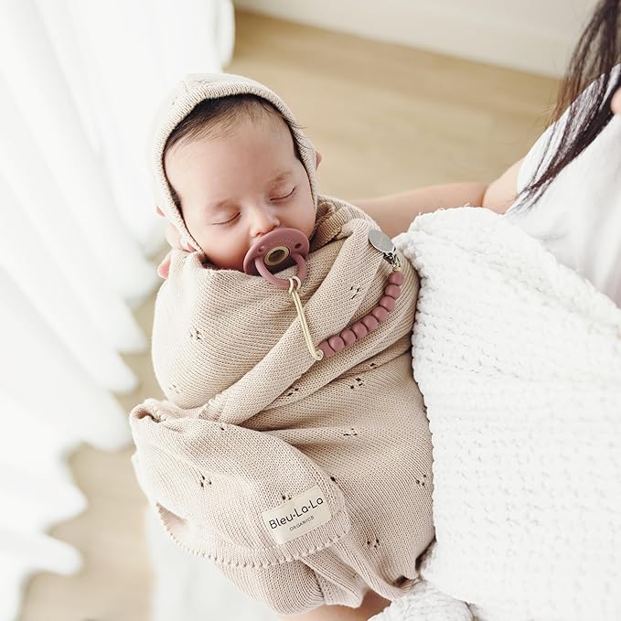 Organic Pointelle Baby Blanket + Hat Gift Set for Boys & Girls - 100% Soft Luxury Cotton Swaddle Blanket + Bonnett Registry for Newborns & Infants (Dove Grey + Hat)