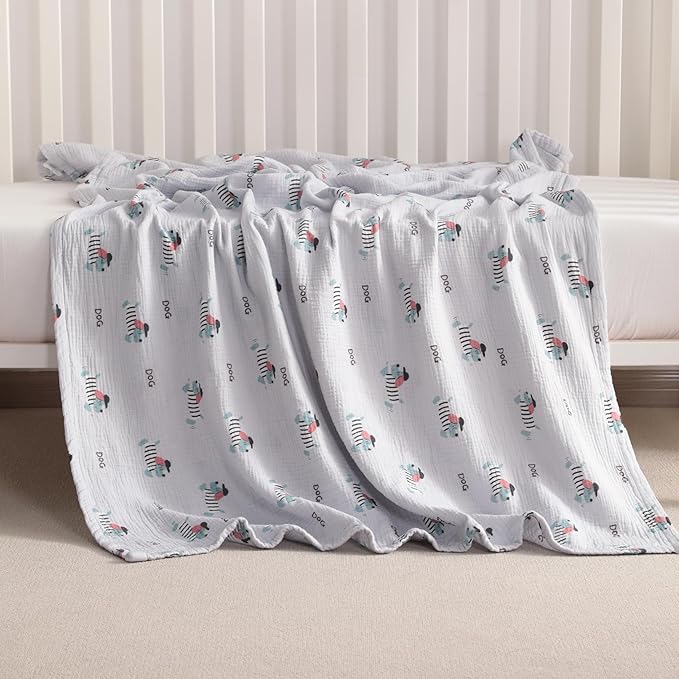 NTBAY 2 Layer Muslin Cotton Baby Swaddle Blanket, 42x60 Soft and Breathable Receiving for Newborns and Infants, Perfect for Crib, Stroller, Travel, Lightweight Nursery Blanket, Striped Dog