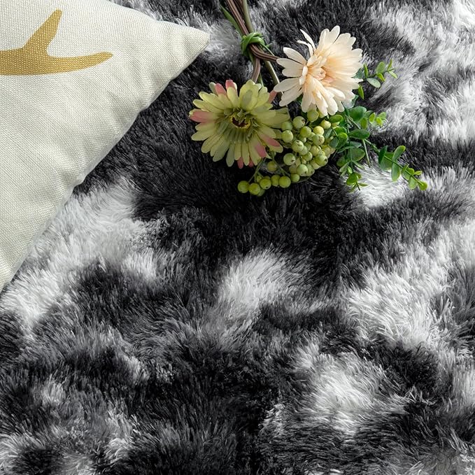 DweIke Fluffy Black White Shag Rugs for Bedroom Living Room, 6x9 Large Soft Plush Tie-Dyed Cow Green Girls Boys Kids Rug, Non-Slip and Machine Washable Carpet for Dorm Nursery Classroom Decor