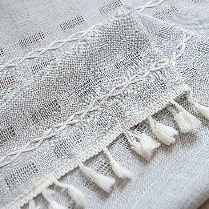 Deeprove Boho Valance Kitchen Short Curtain Tassel, Textured Striped Drape Tier Embroidered Shabby Chic Window Treatment for Cafe Dinging Room Closet, W52 x L18 inch Single 1 Panel Silver Grey