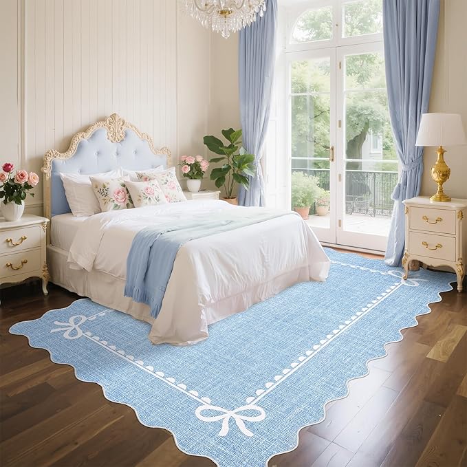 GarveeHome Scalloped Bow Rug for Living Room, Solid Blue Rug for Dorm, Washable Rugs 9x12 Soft Low Pile Non Slip Scalloped Rugs for Nursery College Bedroom Decor Kids Room Playroom